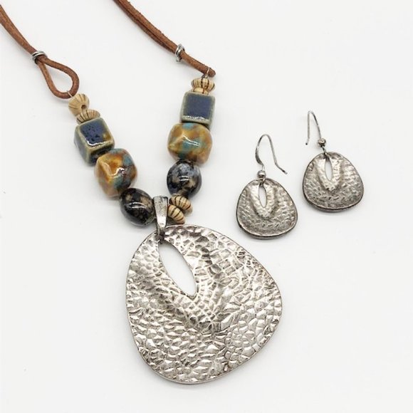 Vintage Artisan Enamel Pendant Necklace & Earrings Set with Ceramic Beads - Picture 9 of 11